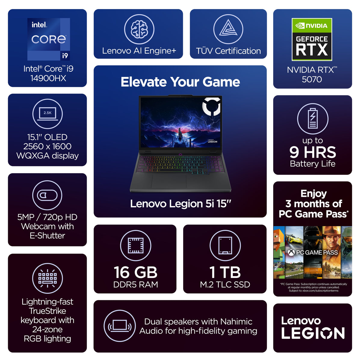 Lenovo Legion 5i 15.1 inch OLED WQXGA Laptop, Core i9 14900HX, 16GB RAM, 1TB SSD, NVIDIA GeForce RTX 5070 8GB