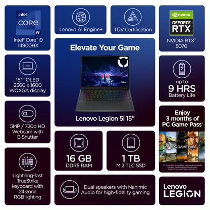 Lenovo Legion 5i 15.1 inch OLED WQXGA Laptop, Core i9 14900HX, 16GB RAM, 1TB SSD, NVIDIA GeForce RTX 5070 8GB