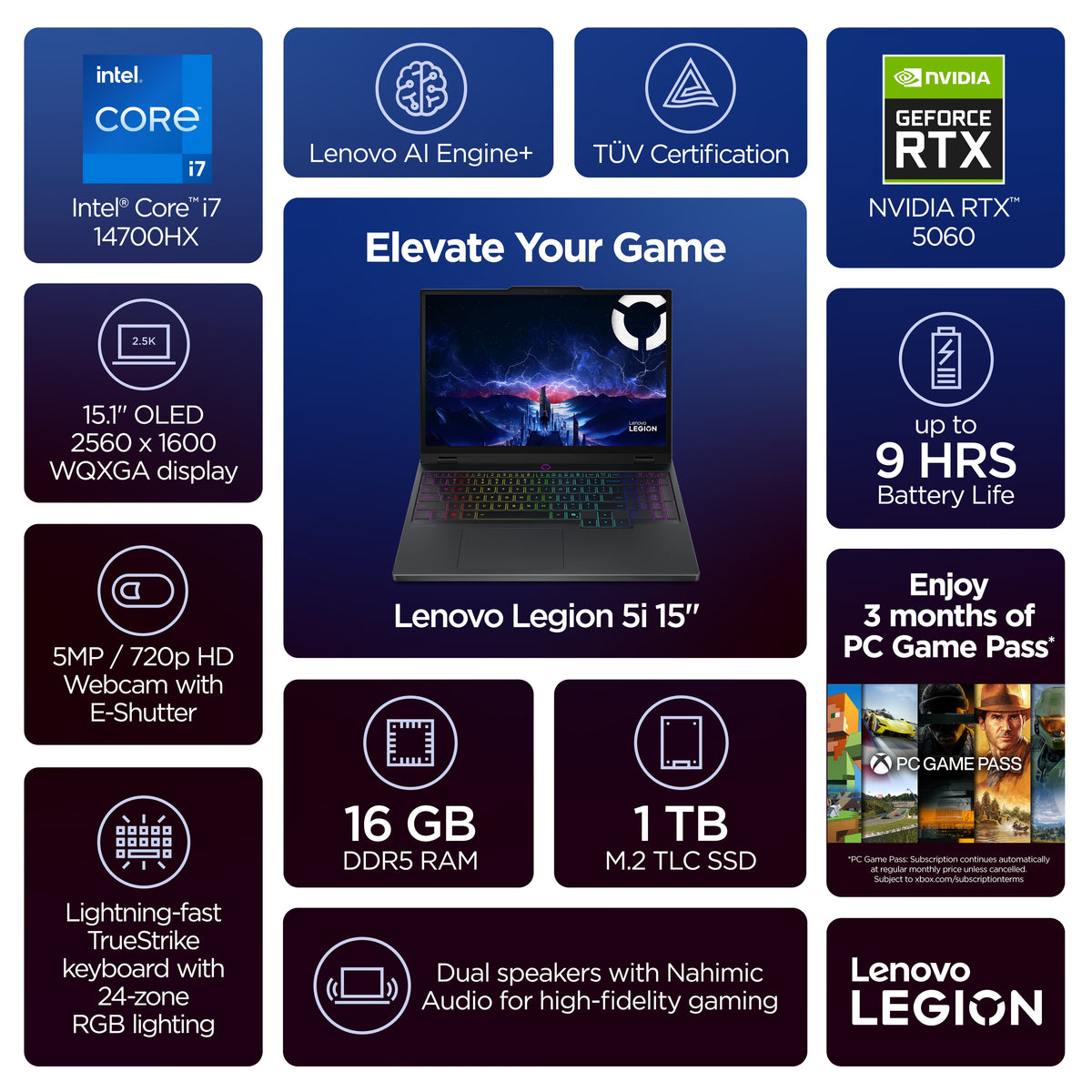 Lenovo Legion 5i 15.1" WQXGA 165Hz Gaming Laptop, Core i7-14700HX, Nvidia GeForce RTX 5060, 16GB RAM, 1TB SSD, 3 Month Microsoft 365