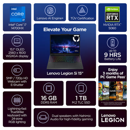 Lenovo Legion 5i 15.1" WQXGA 165Hz Gaming Laptop, Core i7-14700HX, Nvidia GeForce RTX 5060, 16GB RAM, 1TB SSD, 3 Month Microsoft 365