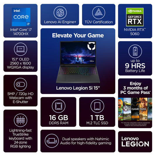 Lenovo Legion 5i 15.1" WQXGA 165Hz Gaming Laptop, Core i7-14700HX, Nvidia GeForce RTX 5060, 16GB RAM, 1TB SSD, 3 Month Microsoft 365