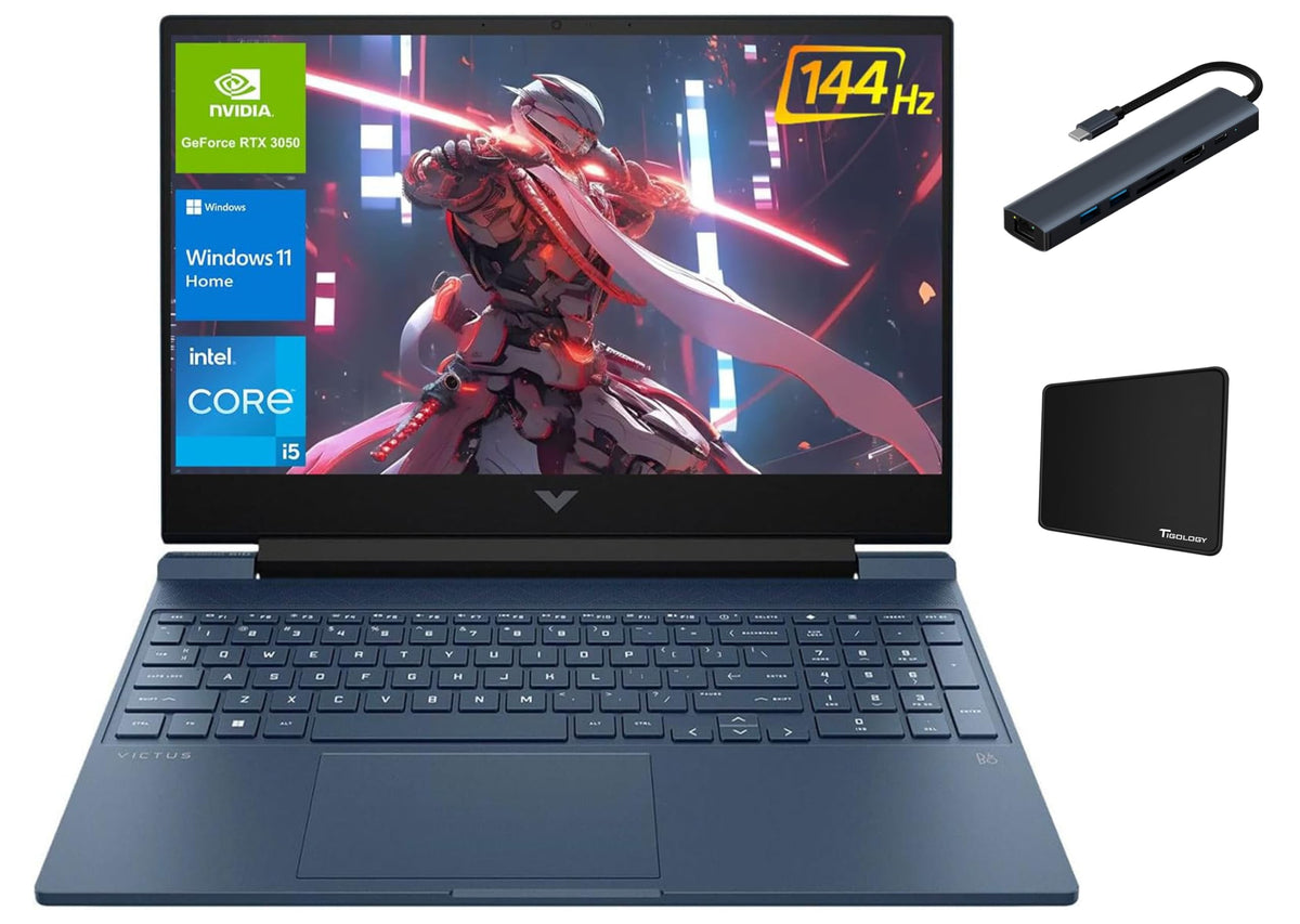 HP Victus 15.6" FHD 144Hz Gaming Laptop, Intel Core i5-12450H, 32GB RAM, 2TB SSD, NVIDIA GeForce RTX 3050, Backlit Keyboard, SD Card Reader, Windows 11 Home, Blue with Accessories