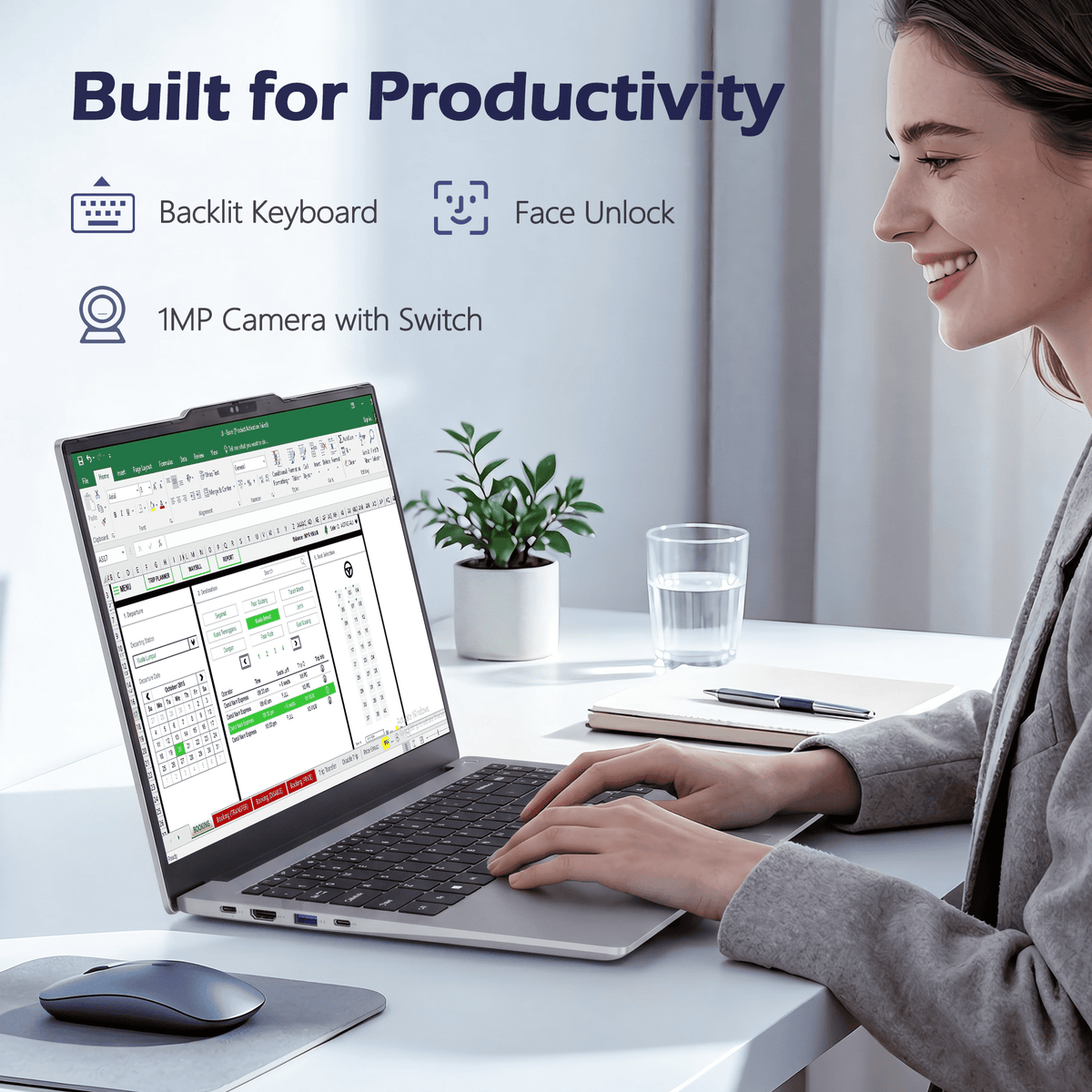 Auusda 15.6" Laptop Computer, AMD Ryzen 5 6600U, 12GB LPDDR5 RAM 1TB NVMe SSD, Windows 11 Pro Business Laptop, Backlight Keyboard, Face Unlock, Silver