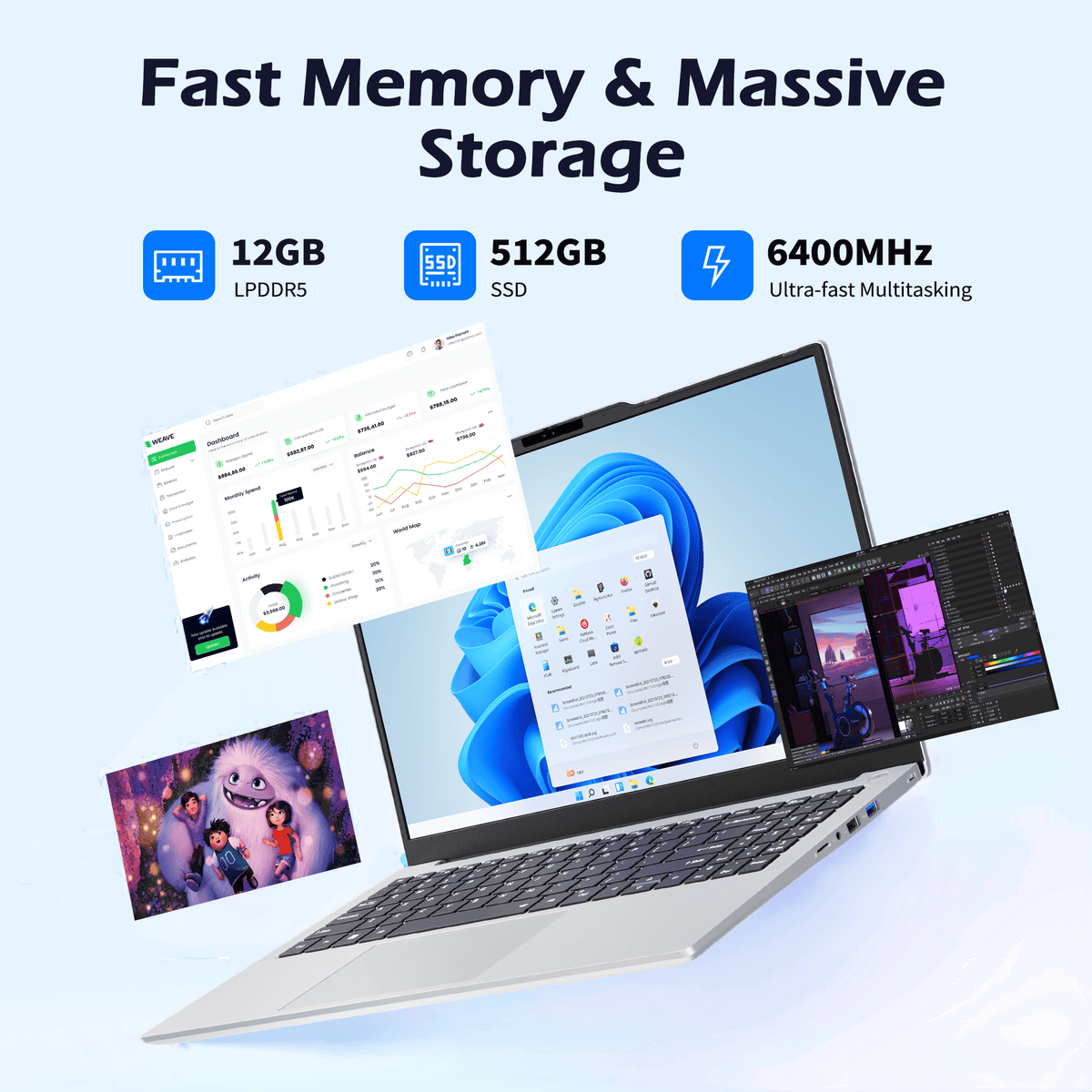 Auusda 15.6" Laptop Computer, AMD Ryzen 5 6600U, 12GB LPDDR5 RAM 1TB NVMe SSD, Windows 11 Pro Business Laptop, Backlight Keyboard, Face Unlock, Silver