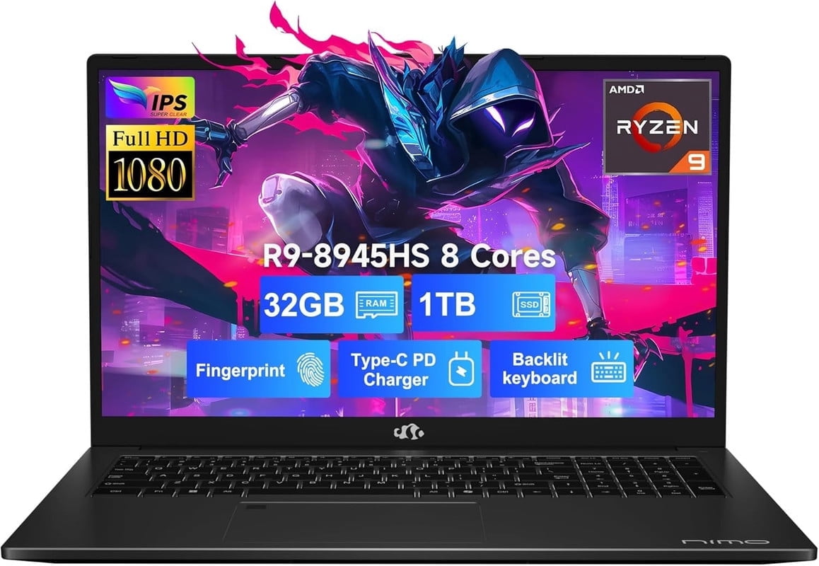 Nimo Gaming Laptop 17.3" Ryzen 9 8945HS,32GB RAM, 1TB SSD, Radeon 780M Graphics, PD 100W Type-C 4.0, AI&VR Ready Copilot+ PC, Backlit Keyboard Fingerprint