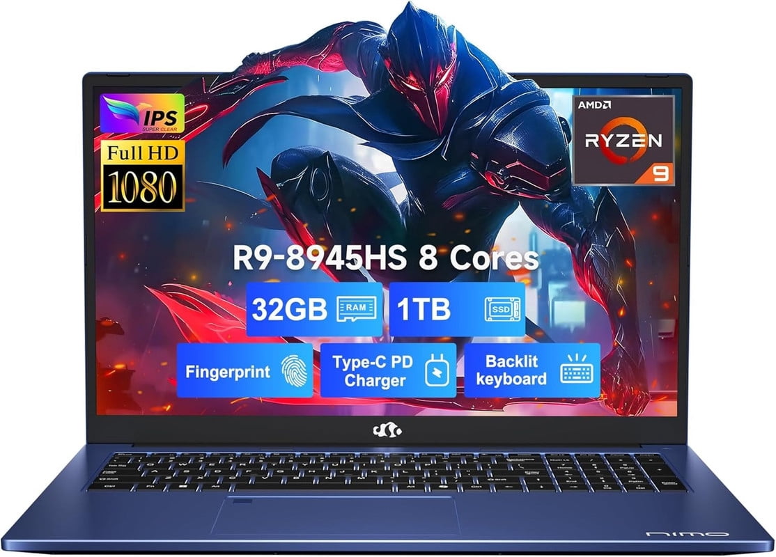 Nimo Gaming Laptop 17.3" Ryzen 9 8945HS,32GB RAM, 1TB SSD, Radeon 780M Graphics, PD 100W Type-C 4.0, AI&VR Ready Copilot+ PC, Backlit Keyboard Fingerprint