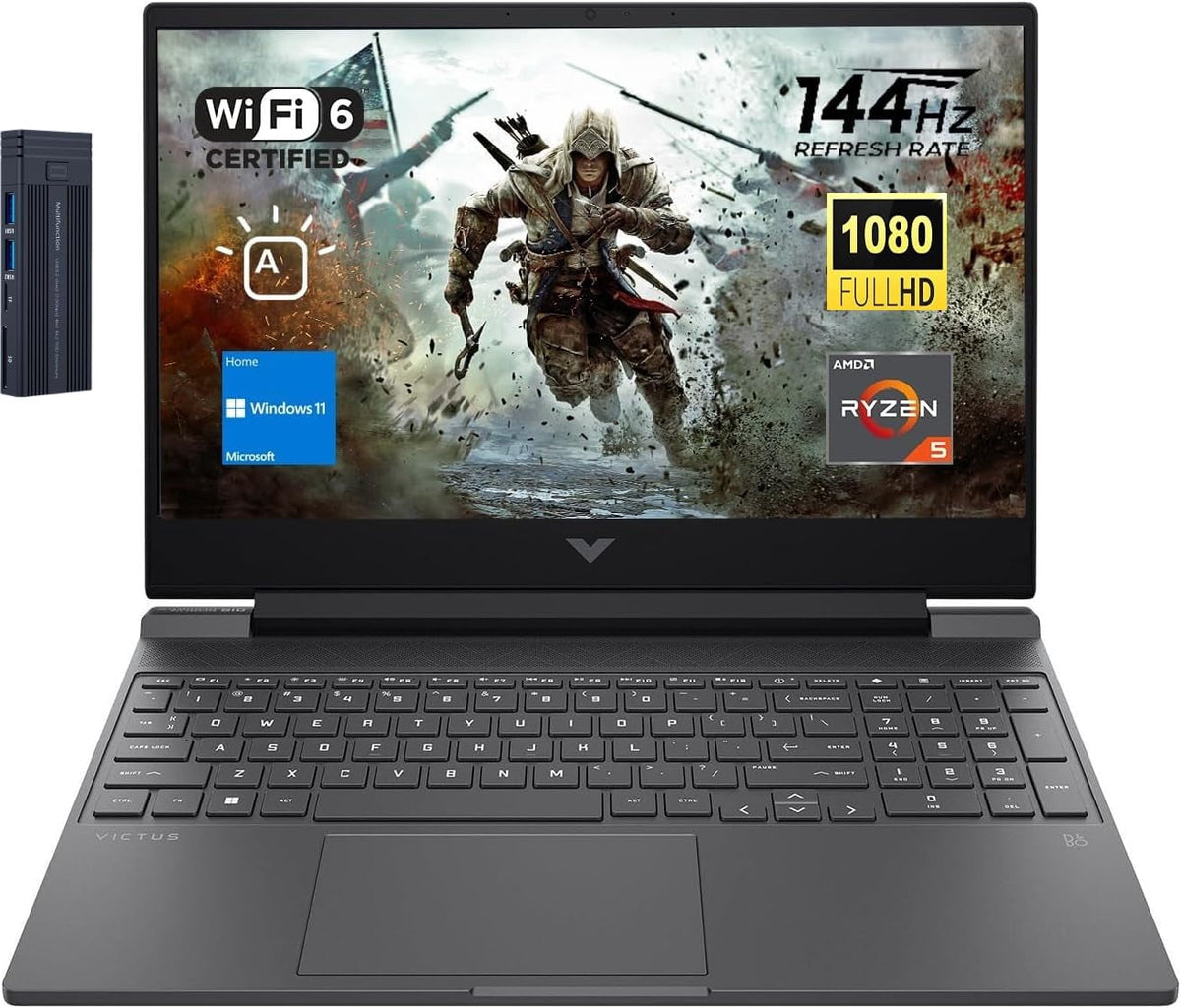 HP Victus 15.6" FHD 144Hz Gaming Laptop, AMD Ryzen 5 7535HS, Radeon RX 6550M (Beats GeForce RTX 3050), 8GB RAM 512GB SSD, Backlit Keyboard, 256gb 9H Docking Station, Windows 11 Home, Mica Silver