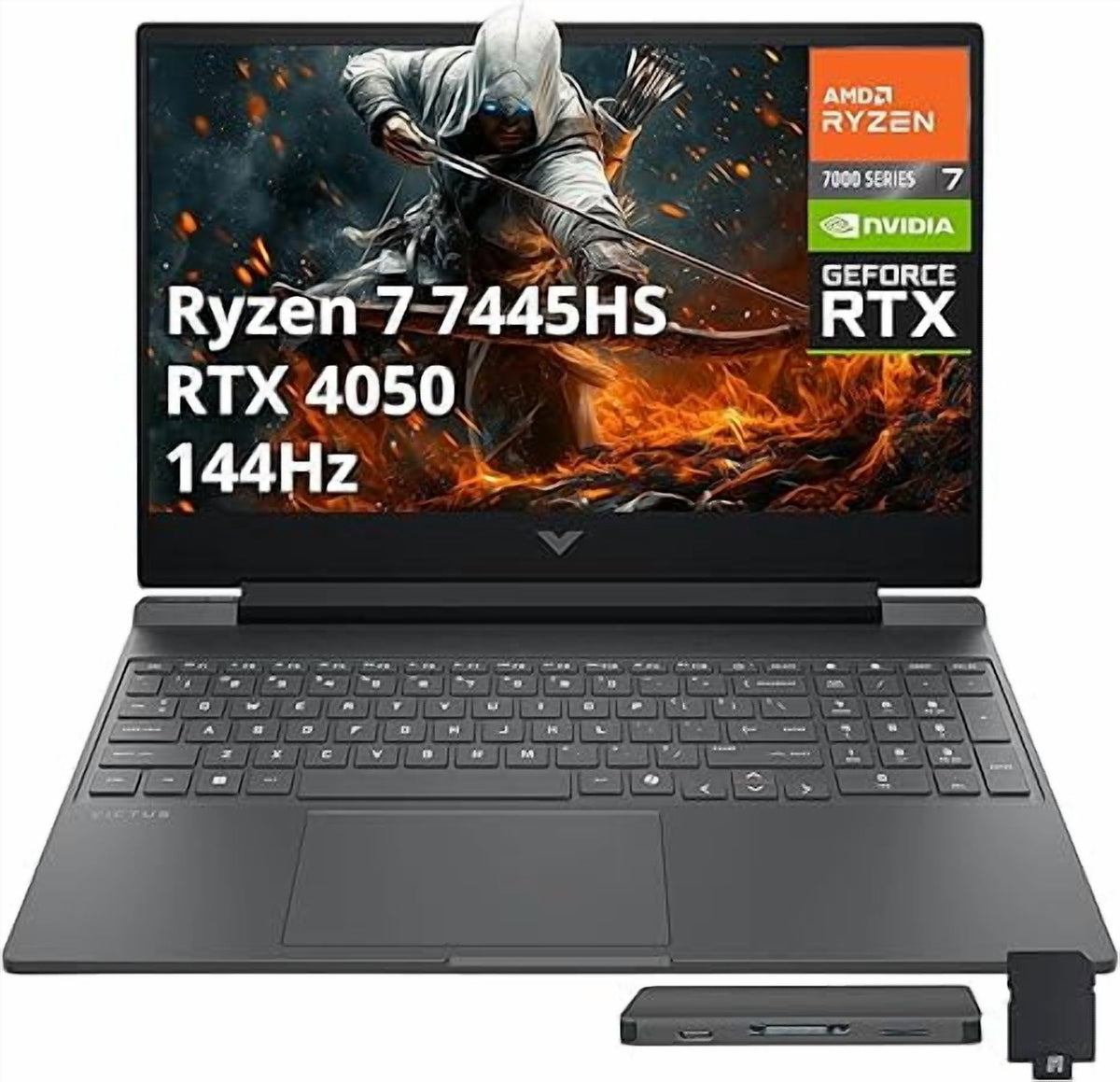 HP Victus 15.6" FHD 144Hz Gaming Laptop, AMD Ryzen 7 7445HS, NVIDIA GeForce RTX 4050, 16GB DDR5, 512GB PCIe SSD, Backlit Keyboard, Copilot, Wi-Fi 6, Windows 11, Mica Silver, 1TB Docking Station Set
