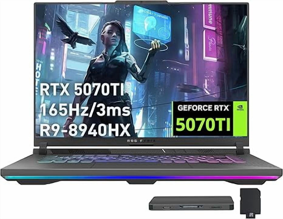 ASUS ROG Strix G16 Gaming Laptop, GeForce RTX 5070 Ti 12GB GDDR7, AMD Ryzen 9 8940HX, 32GB DDR5, 1TB PCIe SSD, Backlit Keyboard, 16" WUXGA 165Hz Display, Windows 11 Pro, Gray, 1TB Docking Station Set