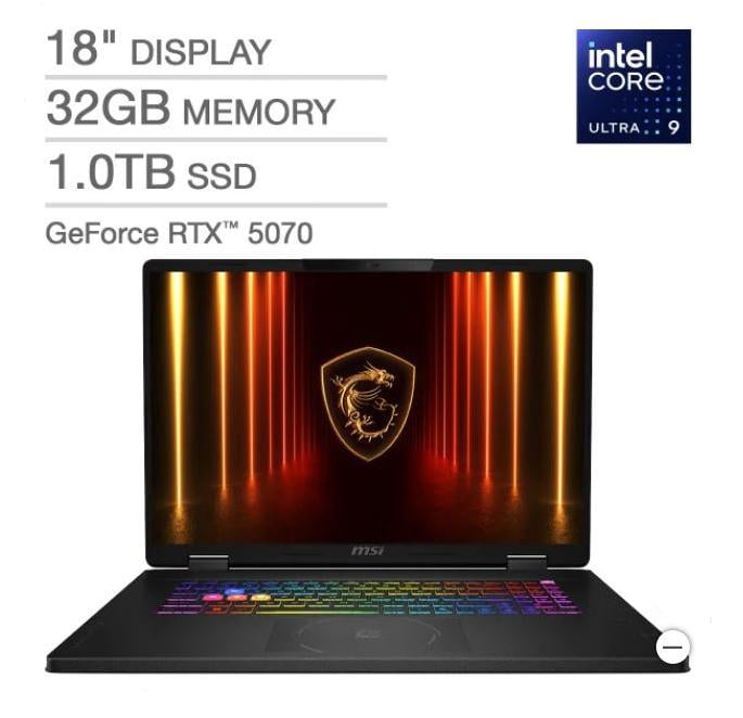 MSI Crosshair 18 HX AI 18" Gaming Laptop - Intel Core Ultra 9 275HX - NVIDIA RTX 5070 - 2560x1600 - 32GB RAM - 1TB SSD - Windows 11 Home