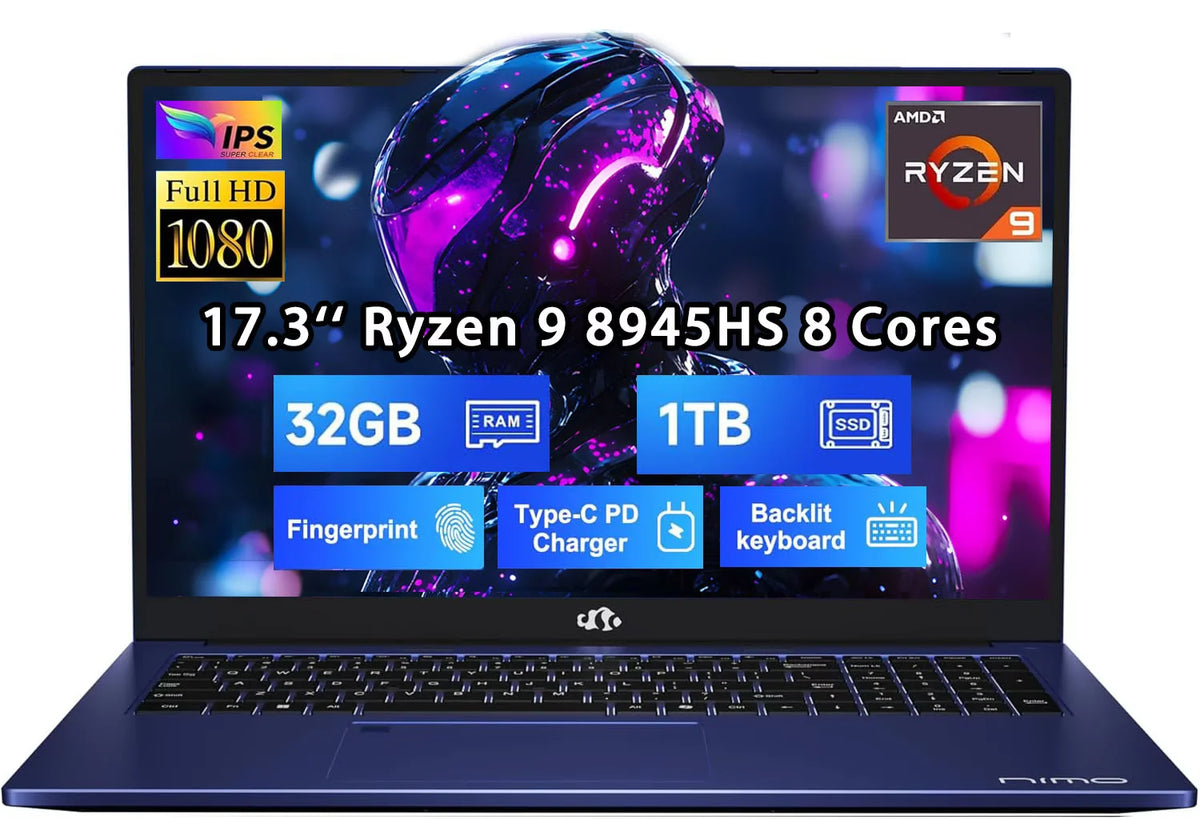 17.3" FHD New Gaming Laptop, AMD Ryzen 9 8945HS 32GB DDR5 RAM 1TB SSD (Up to 5.2GHz) Radeon 780M, PD 100W Type-C AI-Enhanced for Copilot VR Ready, Backlit Keyboard, Fingerprint, 75W Battery