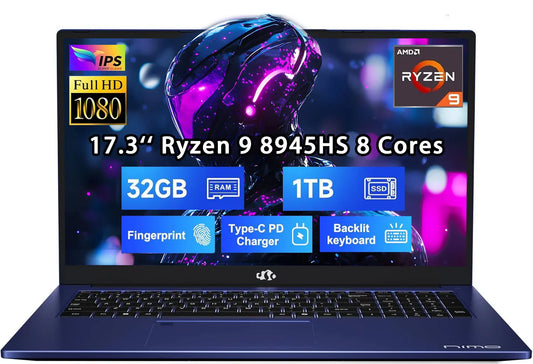 17.3" FHD New Gaming Laptop, AMD Ryzen 9 8945HS 32GB DDR5 RAM 1TB SSD (Up to 5.2GHz) Radeon 780M, PD 100W Type-C AI-Enhanced for Copilot VR Ready, Backlit Keyboard, Fingerprint, 75W Battery