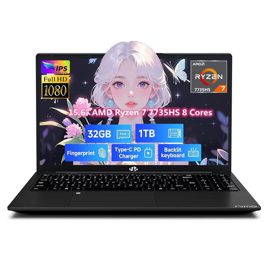 15.6" IPS FHD Gaming Laptop, AMD 8 Cores Ryzen 7 7735HS 32GB DDR5 RAM 1TB SSD (Beats i7-12650H Up to 4.75GHz) AMD Radeon 680M GPU-Computer with 100W Type-C Backlit Keyboard Fingerprint, Black