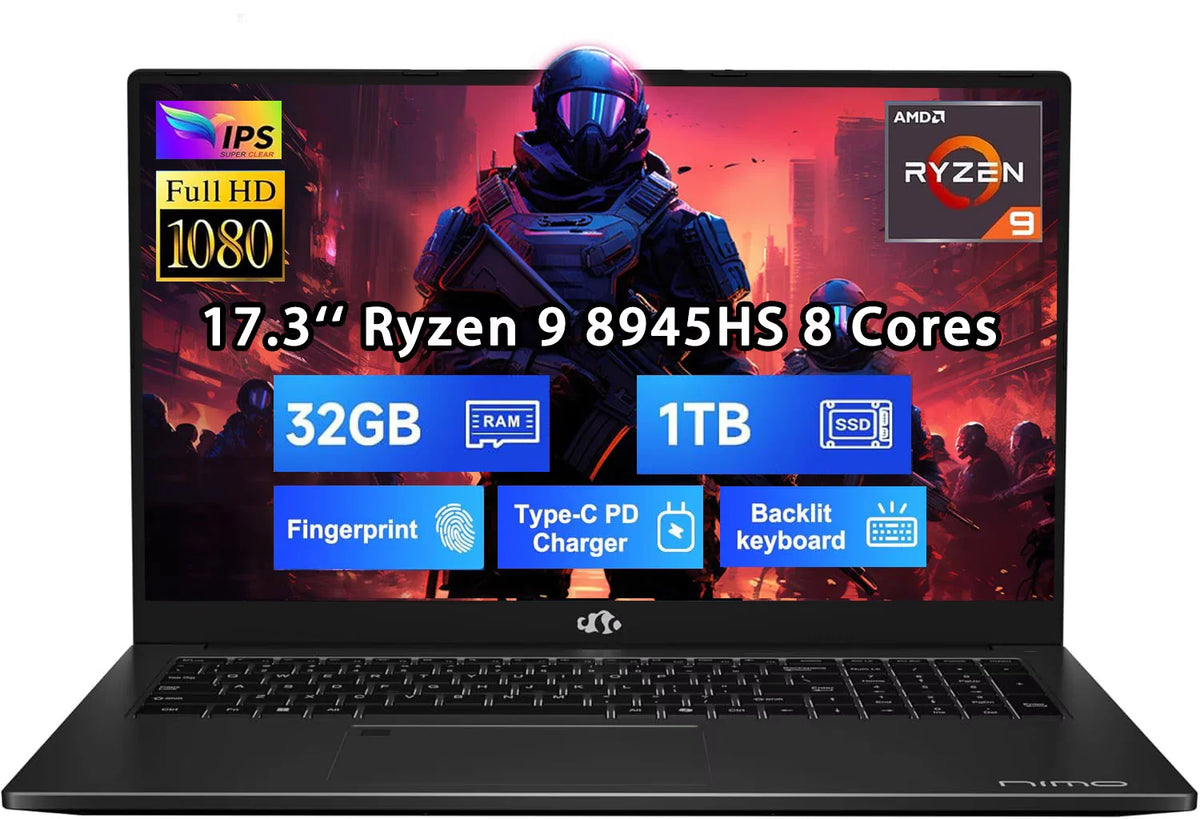 17.3" FHD New Gaming Laptop, AMD Ryzen 9 8945HS 32GB DDR5 RAM 1TB SSD (Up to 5.2GHz) Radeon 780M, PD 100W Type-C AI-Enhanced for Copilot VR Ready, Backlit Keyboard, Fingerprint, 75W Battery