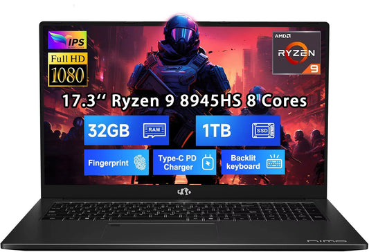 17.3" FHD New Gaming Laptop, AMD Ryzen 9 8945HS 32GB DDR5 RAM 1TB SSD (Up to 5.2GHz) Radeon 780M, PD 100W Type-C AI-Enhanced for Copilot VR Ready, Backlit Keyboard, Fingerprint, 75W Battery