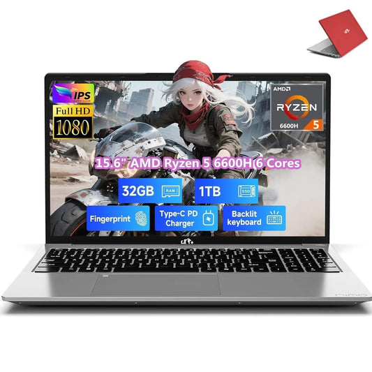 15.6" IPS FHD Gaming Laptop, AMD Ryzen 5 6600H 6 Cores 32GB DDR5 RAM 1TB SSD (Beat i7-1165G7, Up to 4.5GHz) Radeon 660M GPU-Computer with 100W Type-C Backlit Keyboard Fingerprint Win 11 Red