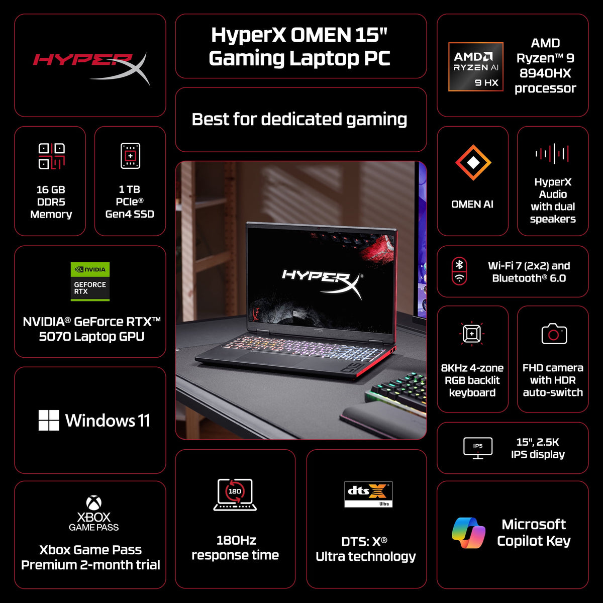 HyperX OMEN 15.3" WQXGA 180Hz 2.5K IPS Gaming Laptop, AMD Ryzen 9 8940HX, NVIDIA GeForce RTX 5070, 16GB, 1TB SSD, Black, Windows 11