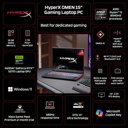 HyperX OMEN 15.3" WQXGA 180Hz 2.5K IPS Gaming Laptop, AMD Ryzen 9 8940HX, NVIDIA GeForce RTX 5070, 16GB, 1TB SSD, Black, Windows 11