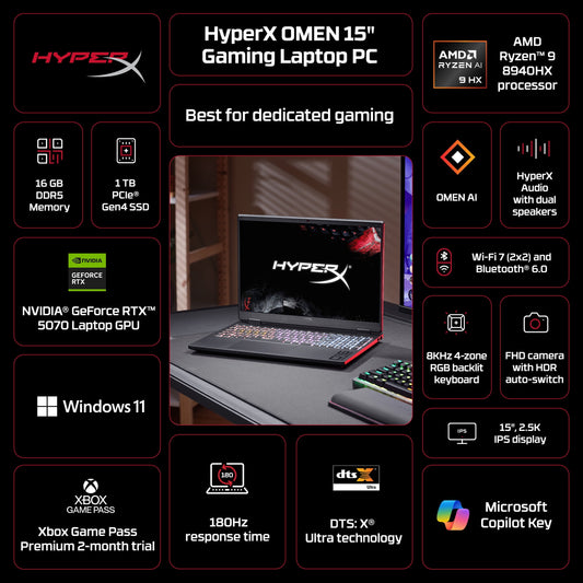HyperX OMEN 15.3" WQXGA 180Hz 2.5K IPS Gaming Laptop, AMD Ryzen 9 8940HX, NVIDIA GeForce RTX 5070, 16GB, 1TB SSD, Black, Windows 11