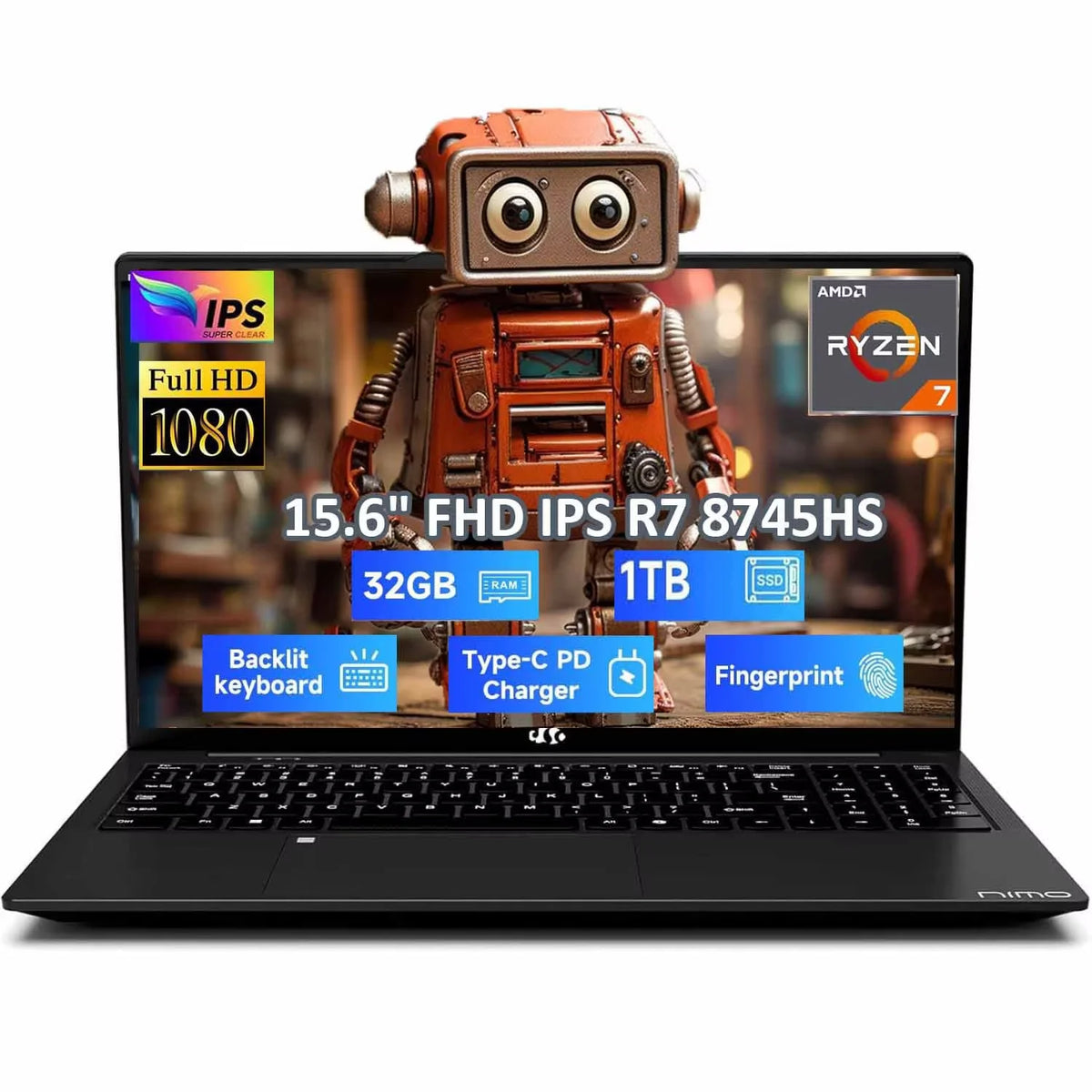 15.6" Gaming Laptop IPS FHD, AMD Ryzen 7 8745HS 32GB DDR5 RAM 1TB SSD (up to 4.9GHz) Radeon 780M Graphics Business Computer with 100W Type-C Backlit Keyboard, Fingerprint USB-C 4.0