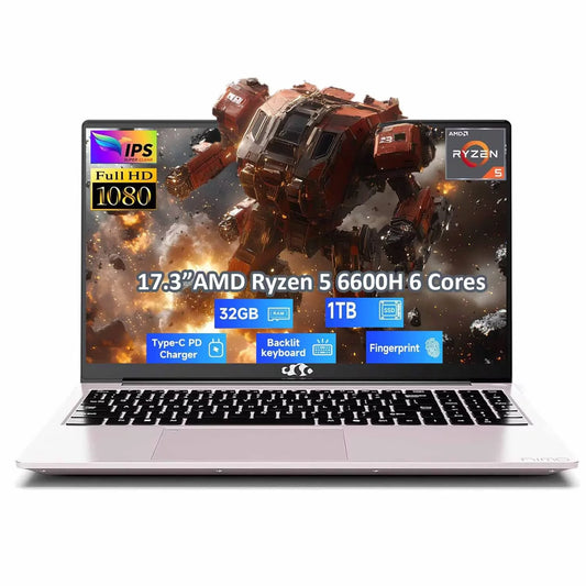 17.3" Gaming Laptop, AMD Ryzen 5 6600H 6 Cores 32GB DDR5 RAM 1TB SSD (Beat i7-1165G7, Up to 4.5GHz) Radeon 660M GPU-Computer with 100W Type-C Backlit Keyboard Fingerprint Win 11