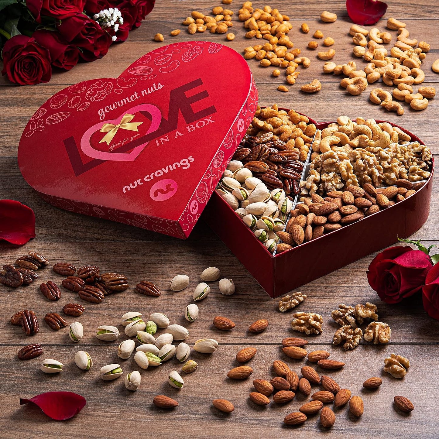 NUT CRAVINGS Gourmet Collection - Valentines Day Mixed Nuts Heart Shaped Gift Basket, Love in A Box (6 Assortments, 2 LB) Galentines Romantic Arrangement Platter, Healthy Kosher Corporate