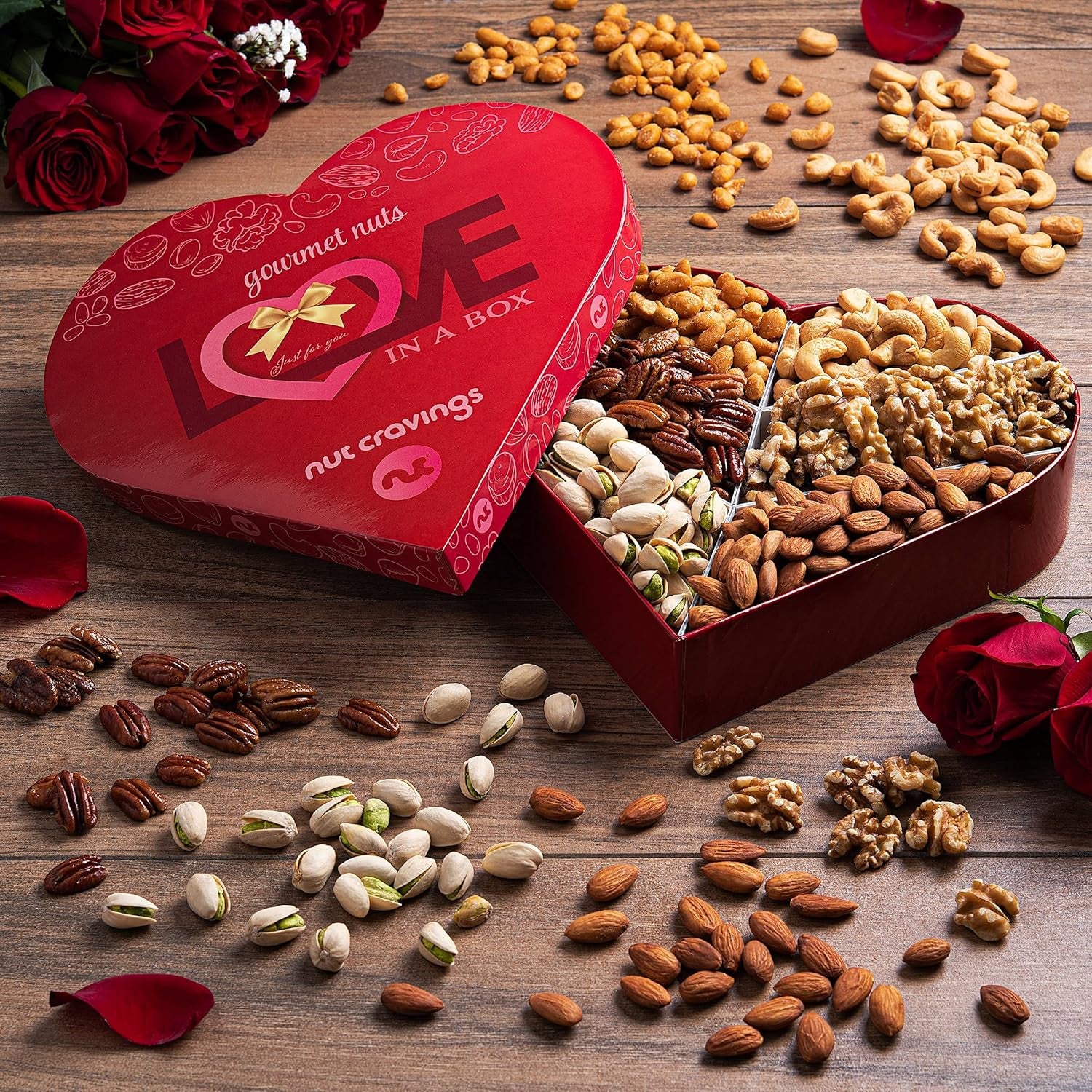 NUT CRAVINGS Gourmet Collection - Valentines Day Mixed Nuts Heart Shaped Gift Basket, Love in A Box (6 Assortments, 2 LB) Galentines Romantic Arrangement Platter, Healthy Kosher Corporate