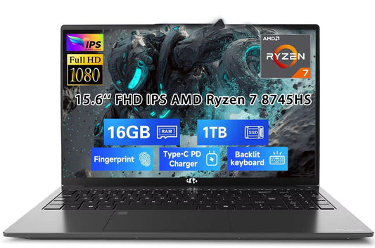 15.6" Gaming Laptop, AMD Ryzen 7 8745HS 8-Core (up to 4.9GHz), Radeon 780M Graphics, 16GB DDR5 RAM, 1TB SSD, FHD IPS Display, 100W Type-C, Backlit Keyboard, Fingerprint Black