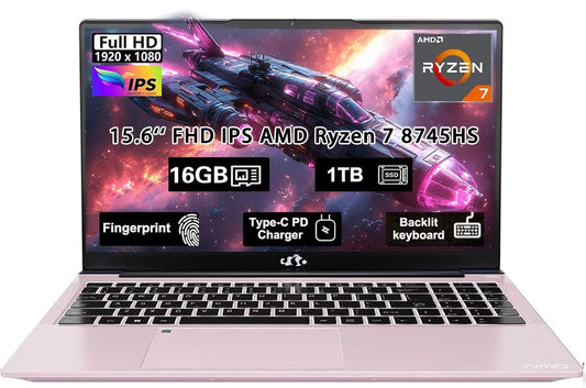 15.6" Gaming Laptop, AMD Ryzen 7 8745HS 8-Core (up to 4.9GHz), Radeon 780M Graphics, 16GB DDR5 RAM, 1TB SSD, FHD IPS Display, 100W Type-C, Backlit Keyboard, Fingerprint RpseGold