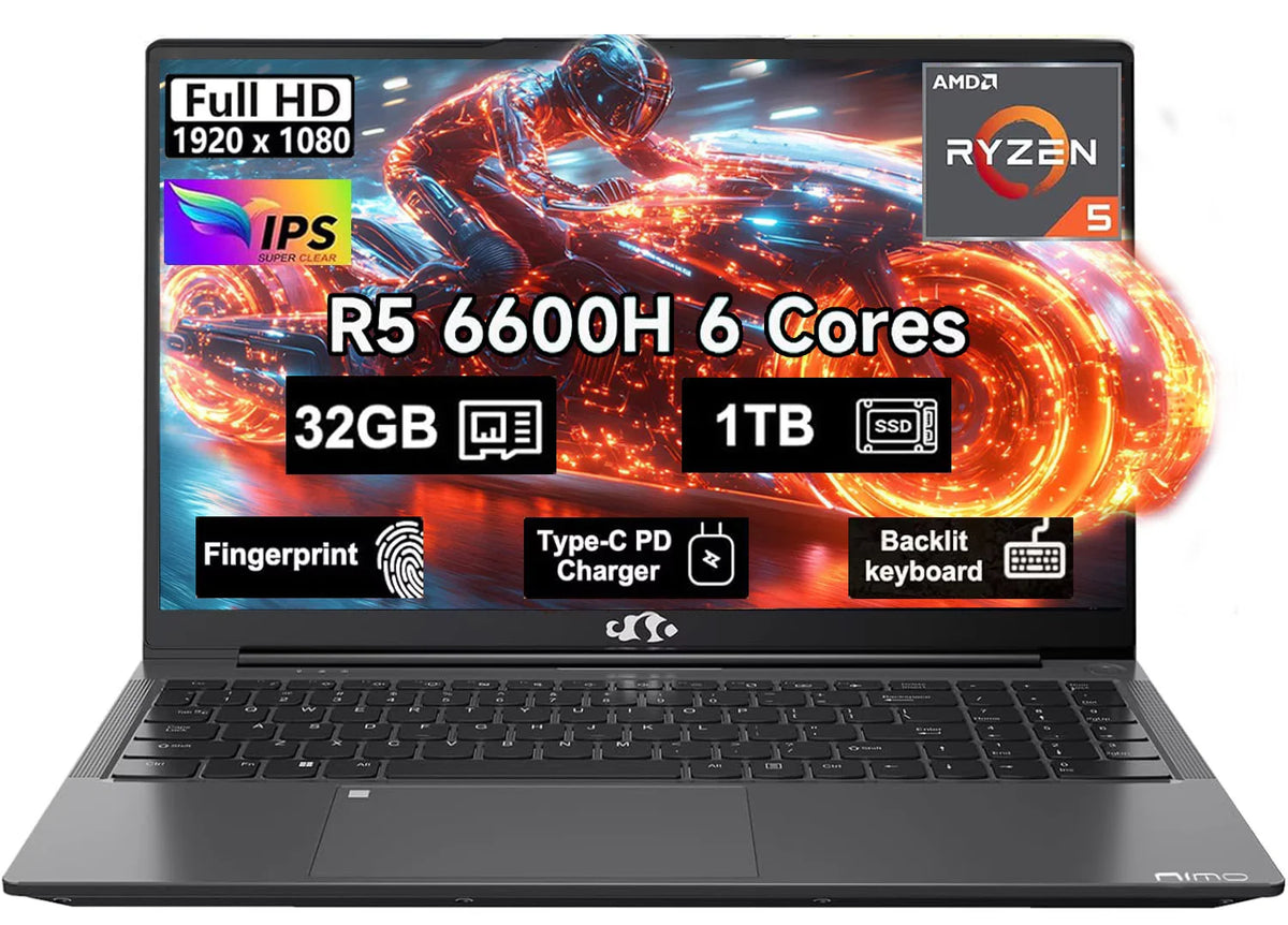 15.6" Windows11 Gaming Laptop Computer AMD Ryzen 5 6600H 32GB DDR5 RAM 1TB SSD 660M 6nm GPU-Computer with 100W Type-C Backlit Keyboard Fingerprint for Business and Student Gray