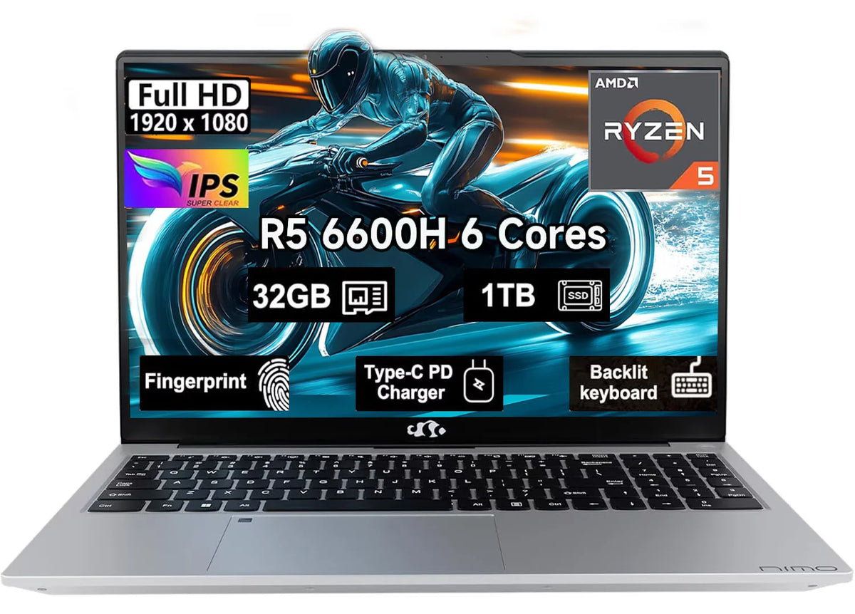 15.6" Windows11 Gaming Laptop Computer AMD Ryzen 5 6600H 32GB DDR5 RAM 1TB SSD 660M 6nm GPU-Computer with 100W Type-C Backlit Keyboard Fingerprint for Business and Student Silvery