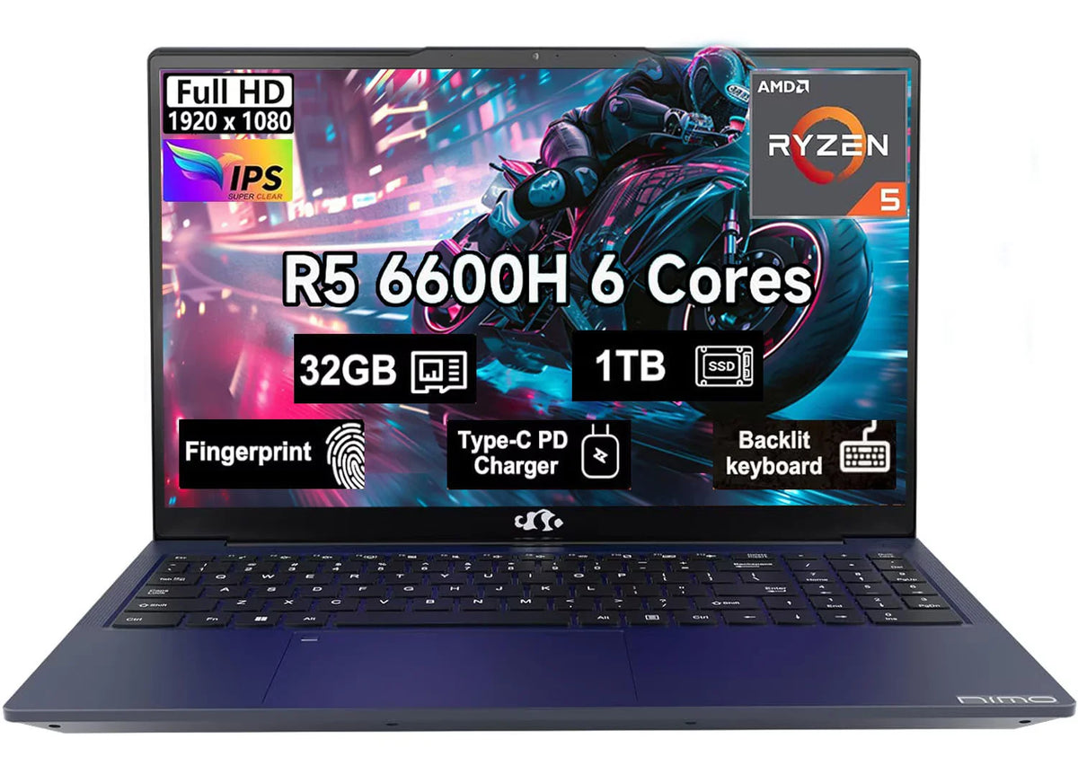 15.6" Windows11 Gaming Laptop Computer AMD Ryzen 5 6600H 32GB DDR5 RAM 1TB SSD 660M 6nm GPU-Computer with 100W Type-C Backlit Keyboard Fingerprint for Business and Student Blue