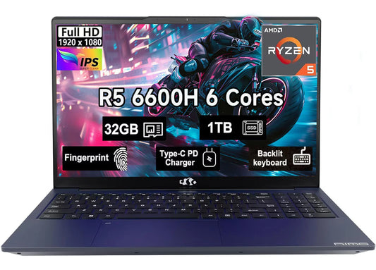 15.6" Windows11 Gaming Laptop Computer AMD Ryzen 5 6600H 32GB DDR5 RAM 1TB SSD 660M 6nm GPU-Computer with 100W Type-C Backlit Keyboard Fingerprint for Business and Student Blue