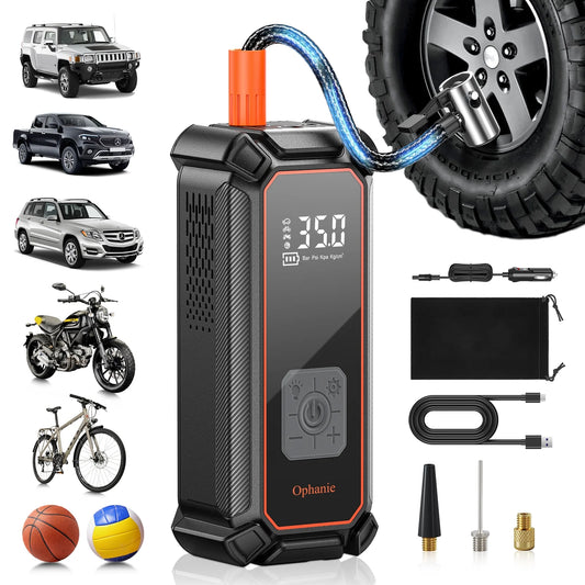 Ophanie Cordless Portable Tire Inflator - 160 Psi Digital Pressure Gauge, Air Compressor for Car Tires with Automatic Shutoff, Emergency LED Light, Compact Automotive Pump, Switchable Wired