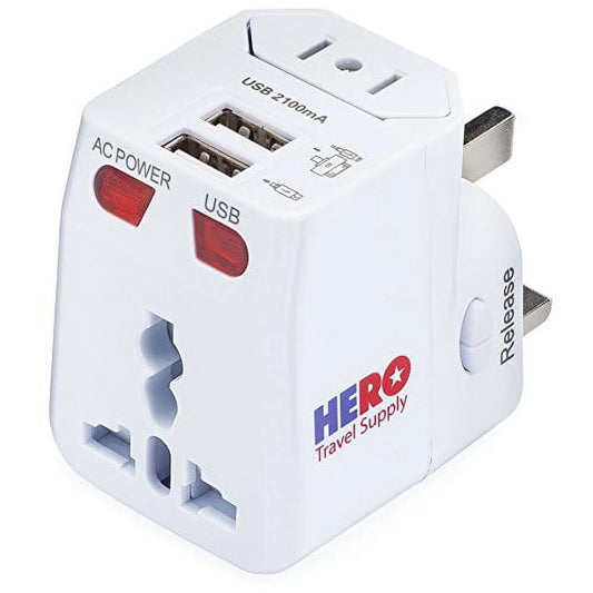 Hero Universal Travel Adapter (2 USB Ports) - Power Plug for US Europe France UK Ireland Thailand NZ Australia 100+ Countries