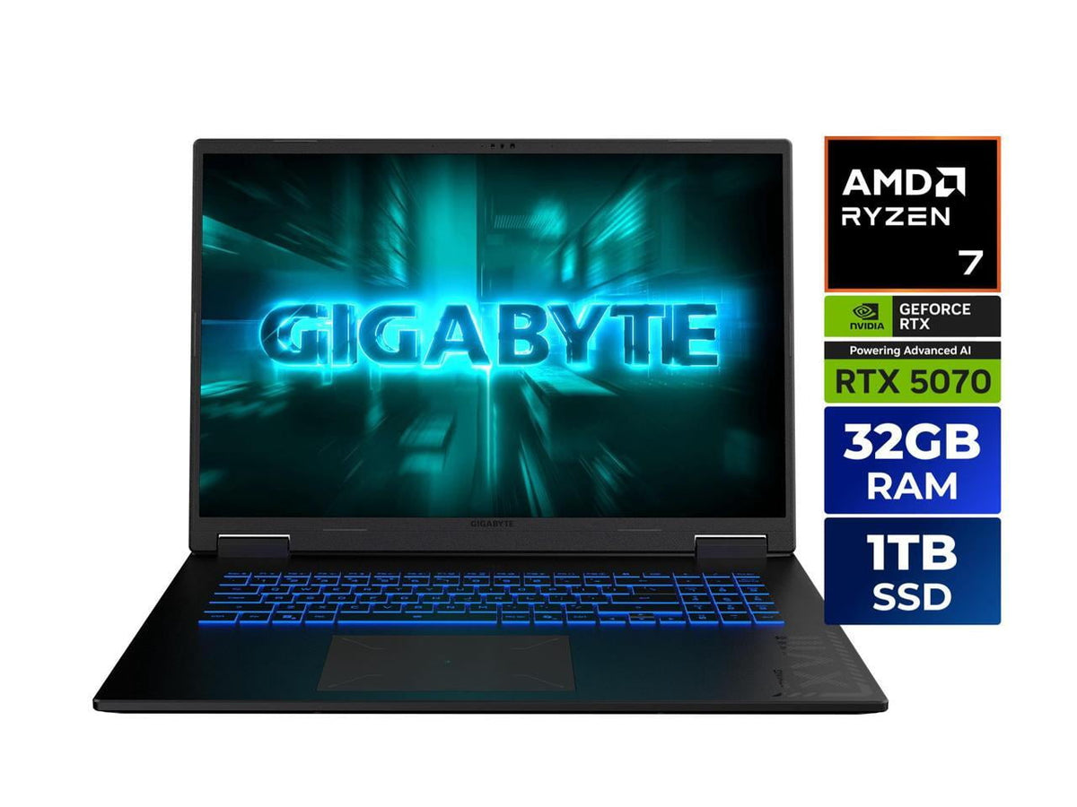 GIGABYTE Gaming A18 18" Laptop, AMD Ryzen 7 260, 32GB RAM, 1TB SSD, GeForce RTX 5070, 165Hz IPS, Black Steel, 3WHK3USC64SH