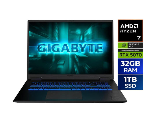 GIGABYTE Gaming A18 18" Laptop, AMD Ryzen 7 260, 32GB RAM, 1TB SSD, GeForce RTX 5070, 165Hz IPS, Black Steel, 3WHK3USC64SH
