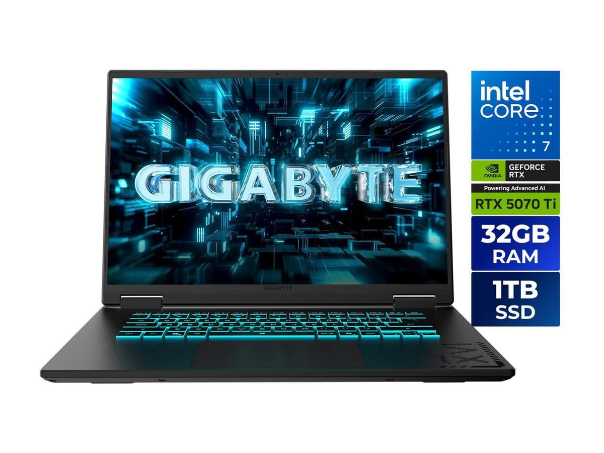 GIGABYTE Gaming A16 Pro 16" Laptop, Intel Core 7 240H , 16GB x 2 (32GB) RAM, 1TB SSD, GeForce RTX 5070 Ti, IPS 165Hz, Titanium Black, DXHG4USCC4SH