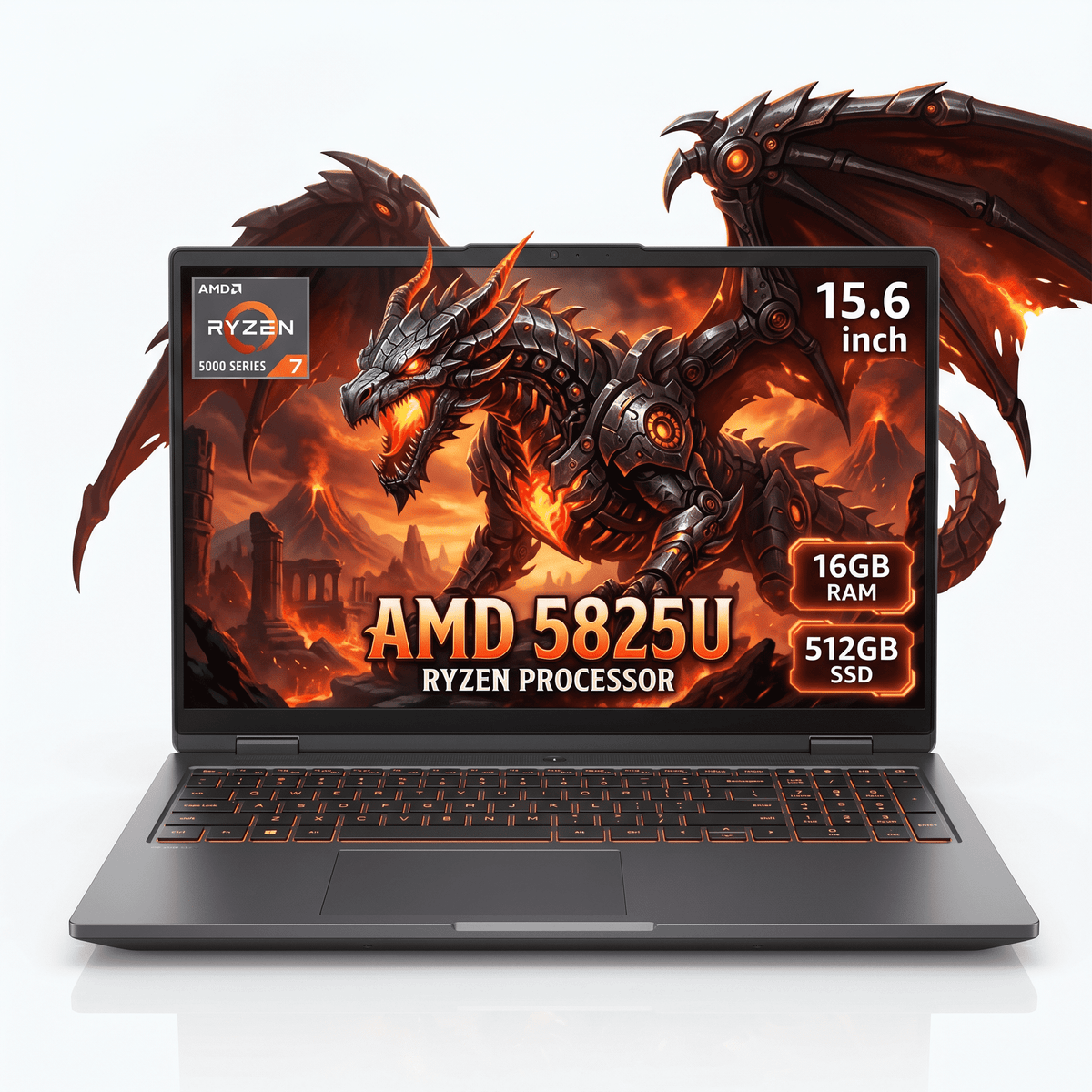 Toemaagic Gaming Laptop 15.6 FHD , AMD Ryzen 7 5825U, 16GB RAM, 512GB SSD, Windows 11PRO, Graphite, Backlit KB, Gray