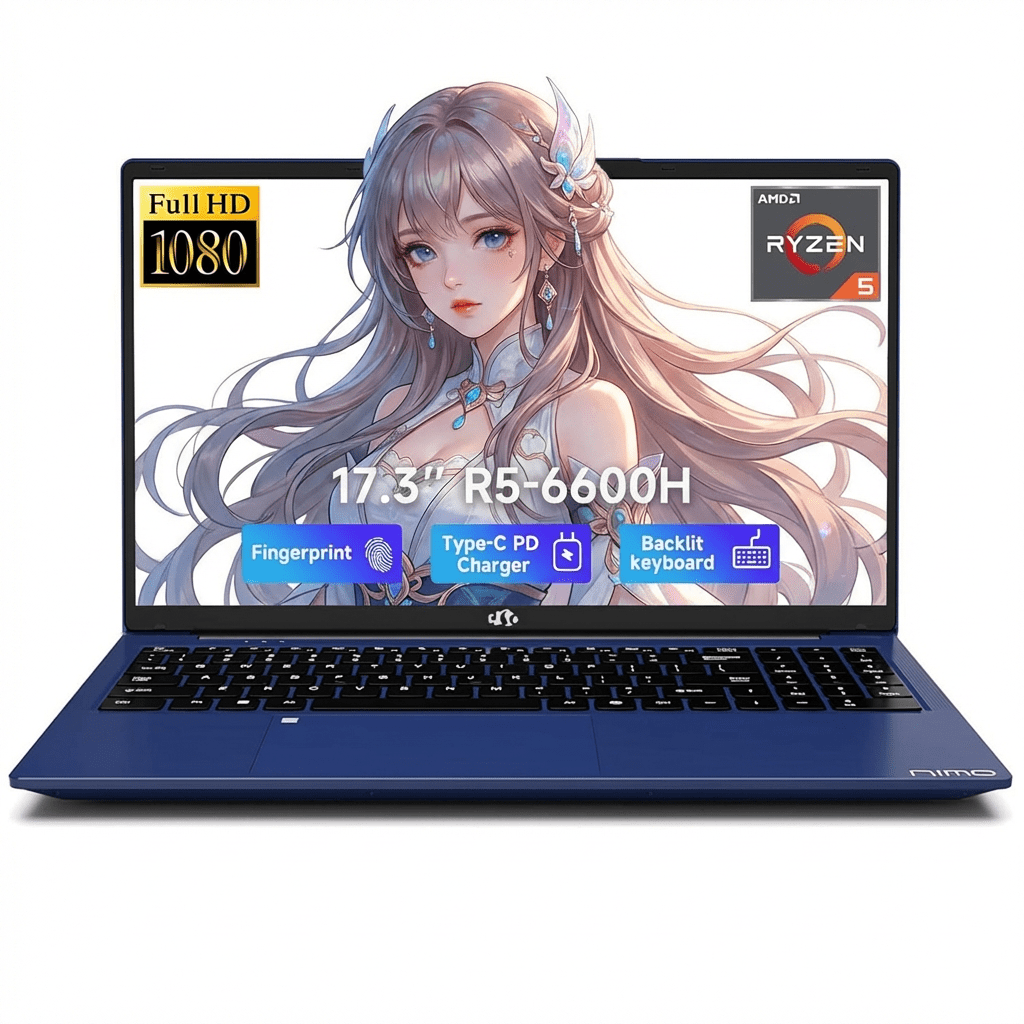17.3" IPS FHD Gaming Laptop 16GB DDR5 RAM 1TB SSD AMD Ryzen 5 6600H (Beat i7-1165G7 Up to 4.5GHz) Radeon 660M GPU-Computer with 100W Type-C Backlit Keyboard Fingerprint Blue