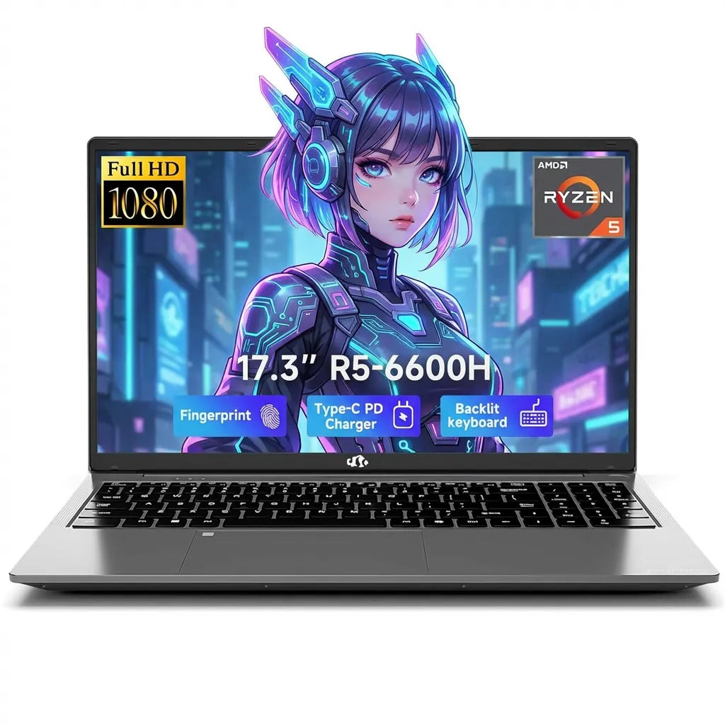 17.3" IPS FHD Gaming Laptop 32GB DDR5 RAM 1TB SSD AMD Ryzen 5 6600H (Beat i7-1165G7 Up to 4.5GHz) AMD Radeon 660M GPU with 100W Type-C Backlit Keyboard Fingerprint Gray