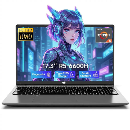 17.3" IPS FHD Gaming Laptop 32GB DDR5 RAM 1TB SSD AMD Ryzen 5 6600H (Beat i7-1165G7 Up to 4.5GHz) AMD Radeon 660M GPU with 100W Type-C Backlit Keyboard Fingerprint Gray