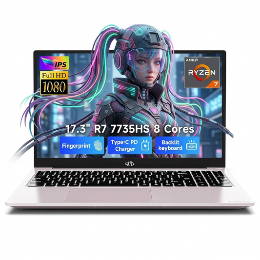 17.3" FHD Gaming Laptop 16GB DDR5 RAM 1TB SSD AMD Ryzen 7 7735HS (8-Core, Beats i7-12650H) with Radeon 680M Graphics 100W Type-C Wi-Fi 6E Backlit Keyboard Fingerprint 58Wh Battery RoseGold