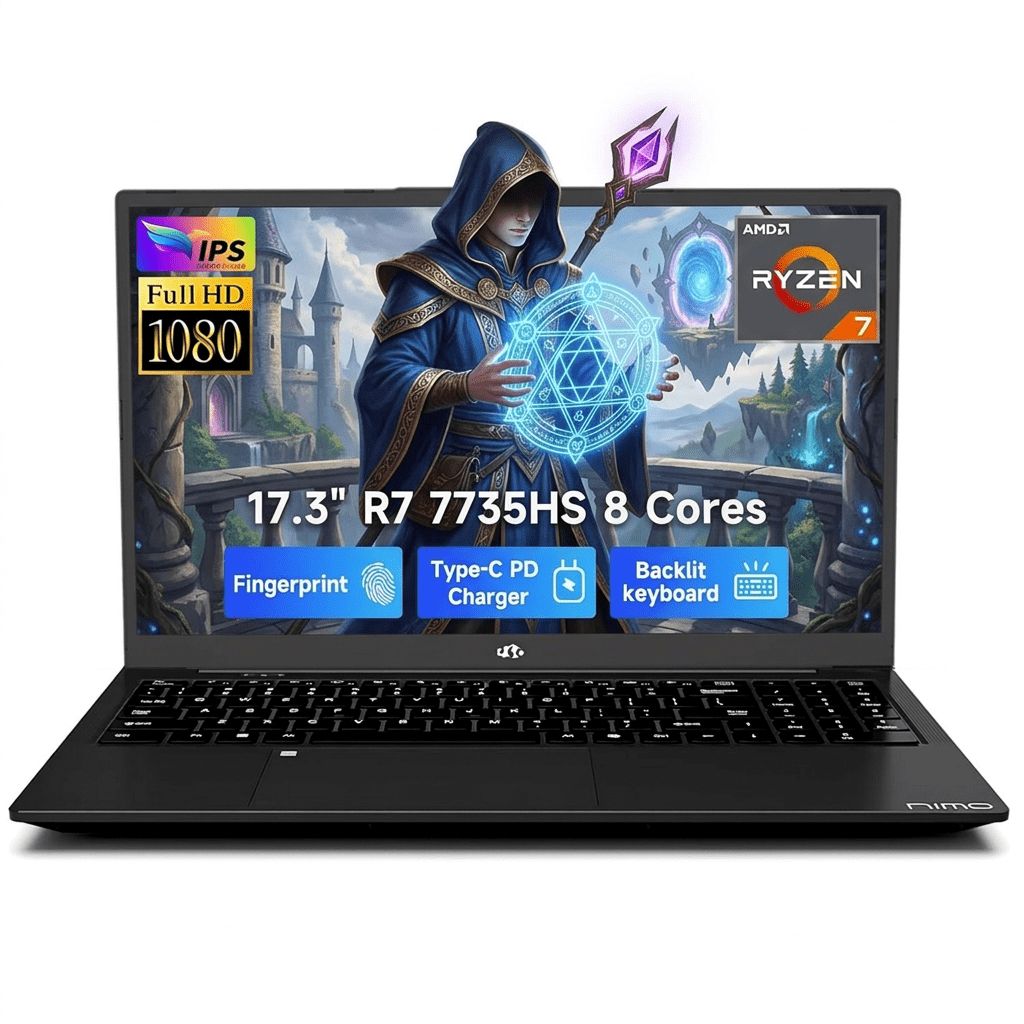 17.3" FHD Gaming Laptop 64GB DDR5 RAM 1TB SSD AMD Ryzen 7 7735HS (8C/16T, Beats i7-12650H) with Radeon 680M 100W Type-C Wi-Fi 6E Backlit Keyboard Fingerprint Black