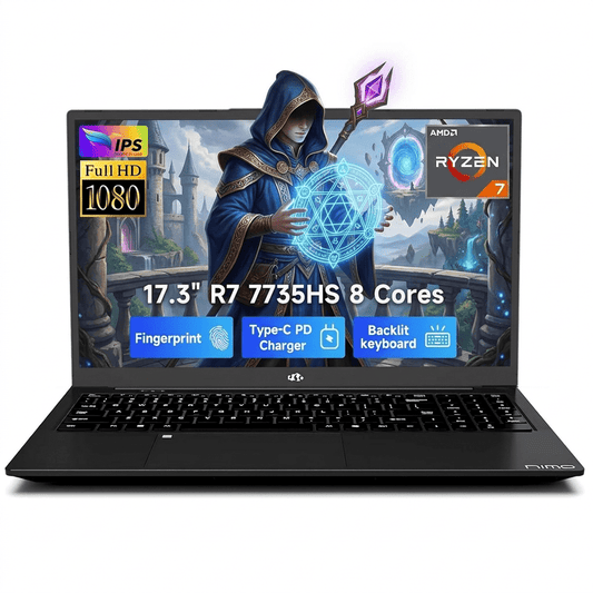 17.3" FHD Gaming Laptop 64GB DDR5 RAM 1TB SSD AMD Ryzen 7 7735HS (8C/16T, Beats i7-12650H) with Radeon 680M 100W Type-C Wi-Fi 6E Backlit Keyboard Fingerprint Black