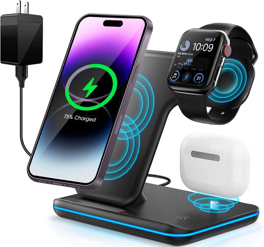 Wireless Charger, 3 in 1 Fast Charging Dock Station/ Stand, Compatible for iPhone Series 15/14/13/12/11/XS/MAX /XR/XS/X/Apple Watch Charger 9 8/7/ 6/5/4/3, AirPods, Black