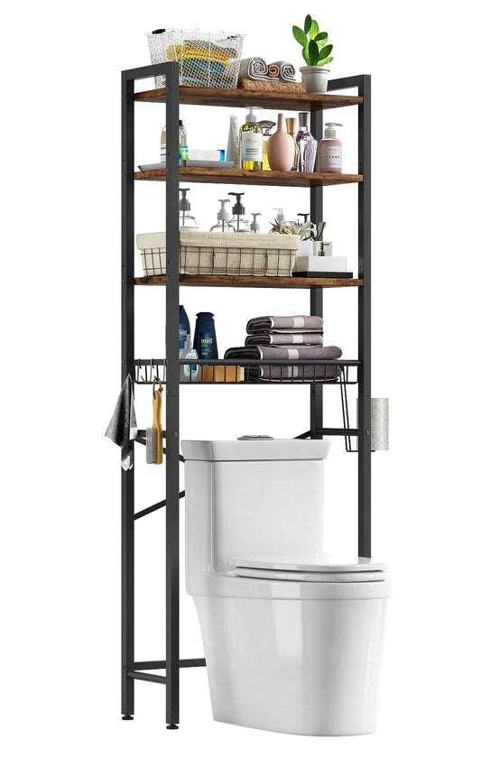 Biemlerfn Over The Toilet Storage Shelf, 4-Tier Wooden Bathroom Organizer Adjustable Saver Space Rack with Toilet Paper Holder, Brown