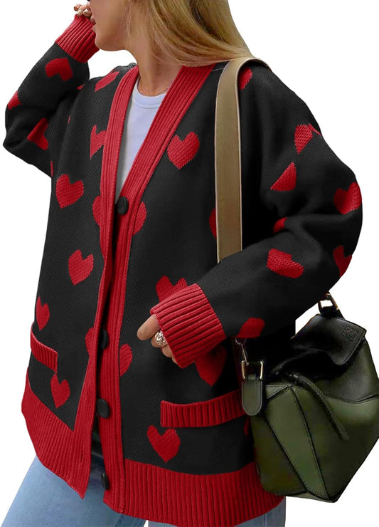 Saodimallsu Womens Oversized Heart Cardigan Color Block V Neck Button Long Sleeve Chunky Valentines Sweaters