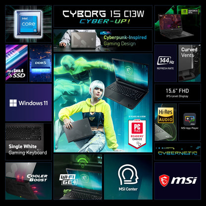 MSI Cyborg 15.6" 144Hz Gaming Laptop, Intel Core i5-13420H, NVIDIA GeForce RTX 5050, 16GB RAM, 512GB SSD (2026)