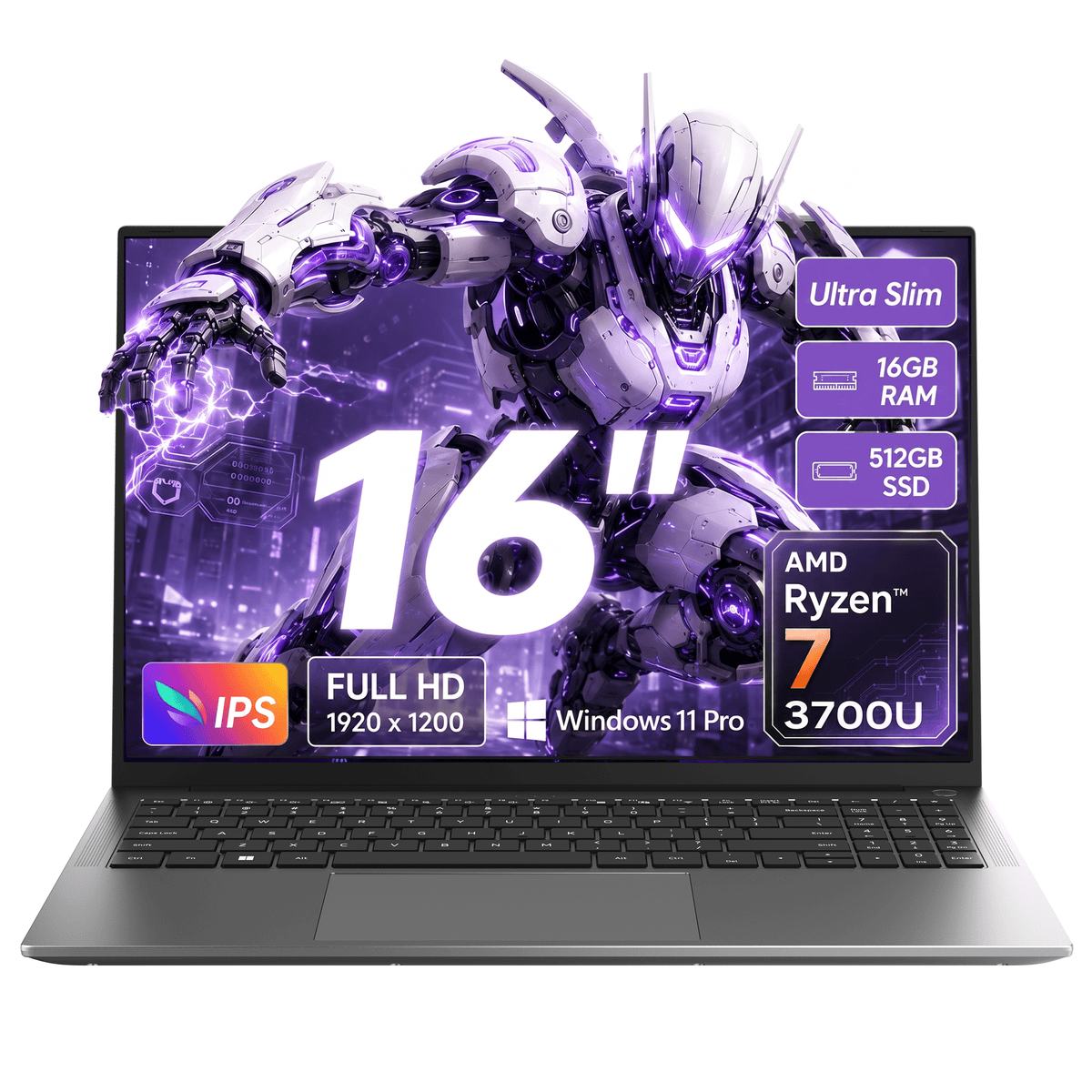 Blackview 16" Windows 11 Pro Laptop, AMD Ryzen 3700U, 16GB DDR4 RAM, 512GB SSD, Radeon RX Vega 10 Graphics, WiFi Bluetooth, Fingerprint Unlock, HDMI 4K, Type‑C, for Home and Business